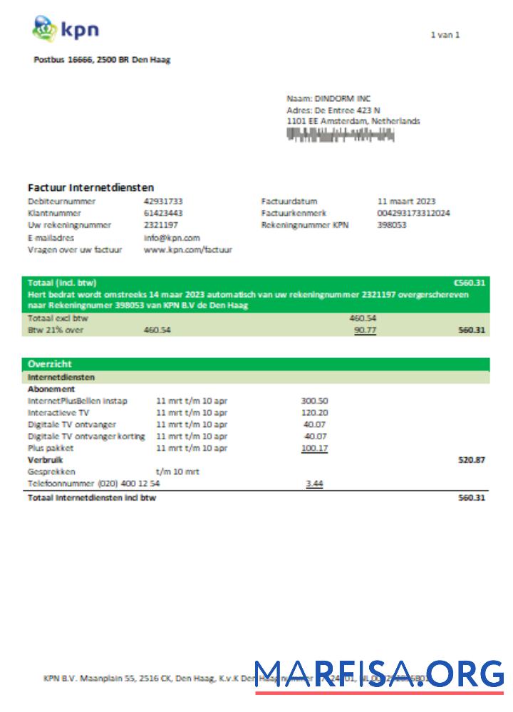 Blank KPN utility business bill, SCR real example